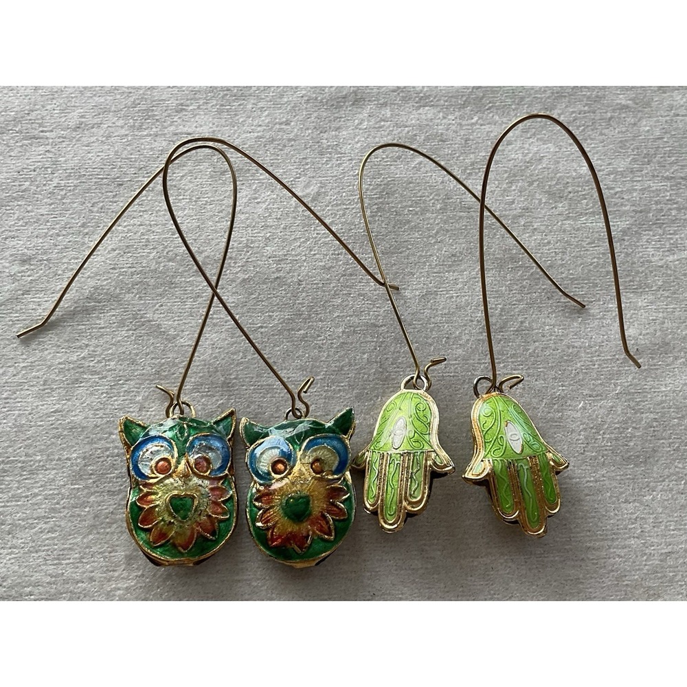 Lot Of 2 Pair Cloisonné Drop Earrings Owl Hamsa Hand Vintage Estate Jewelry
